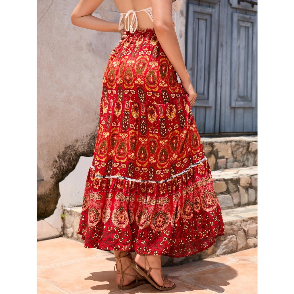 Damen Elastischer Bund Maxi-Rock Lockerer Sitz Boho Bedruckter Langer Rock Stufig RAYON 100% Strandurlaub Fließender Midi-Rock