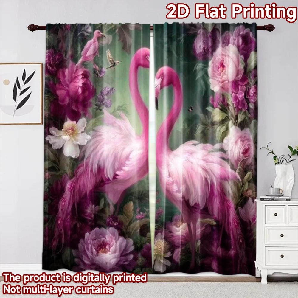 2D Flat Printing 2pcs Curtain Window Treatment Curtains Valentine Flamingos and Flowers Digital Printed Polyester Drapes Festive