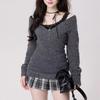 French Retro V,neck Long,sleeved Gray Sweater Hot Girl Gentle Pullover Sweater Female