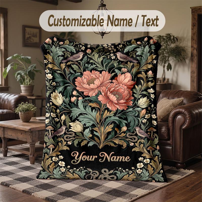 Floral Elegance Card 2 Theme Throw Blanket Custom Name Text Personalized Blanket Soft Cozy Blanket for Home Sofa Bed