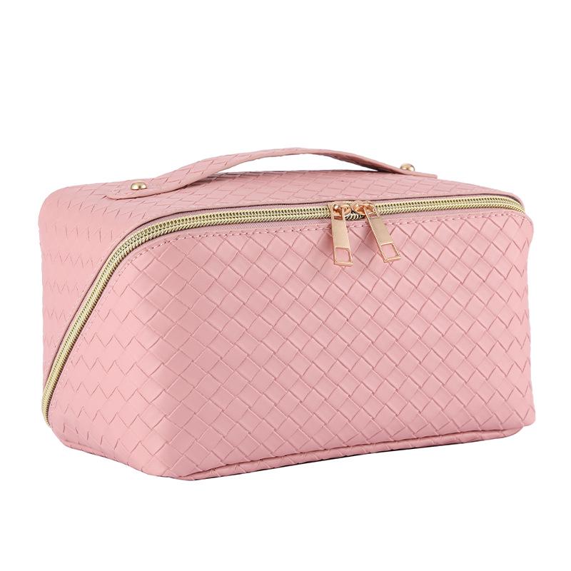 Reise-Make-up- und Toilettenartikeltasche mit gewebter Lederstruktur - Tragbar, Großes Fassungsvermögen, Hochwertiger Organizer