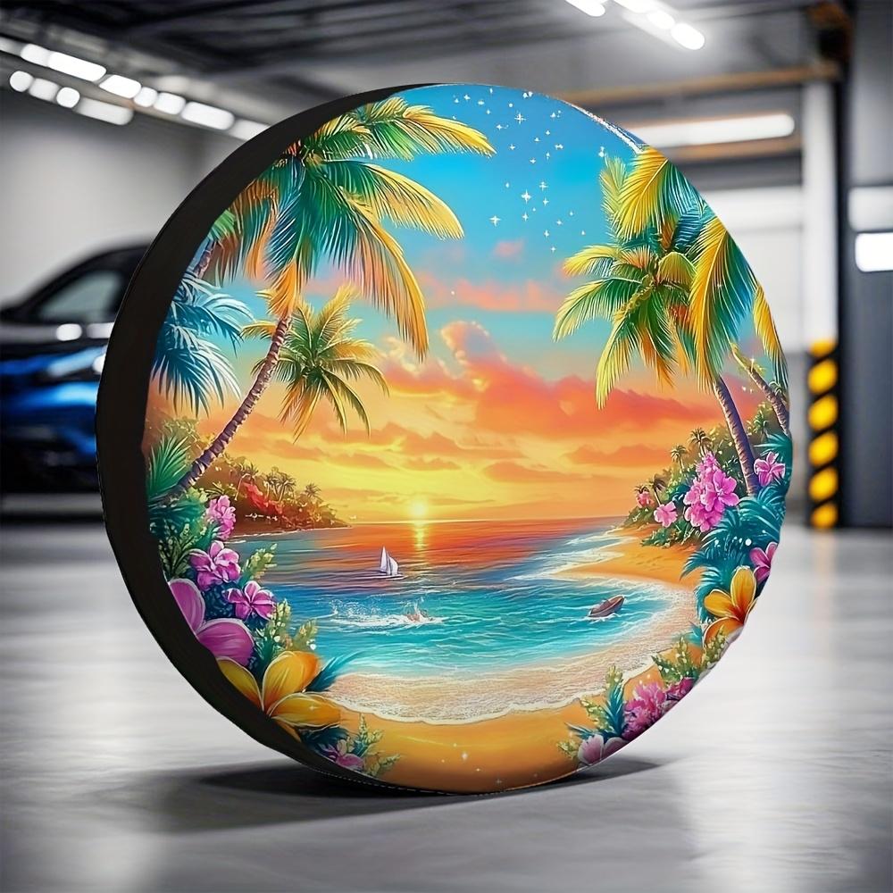 1pc Tropical Beach Sunset Wheel Cover - 100% Polyester, Universal Fit For Jeep Tires, Vibrant Seaside Design With Palm Trees & O