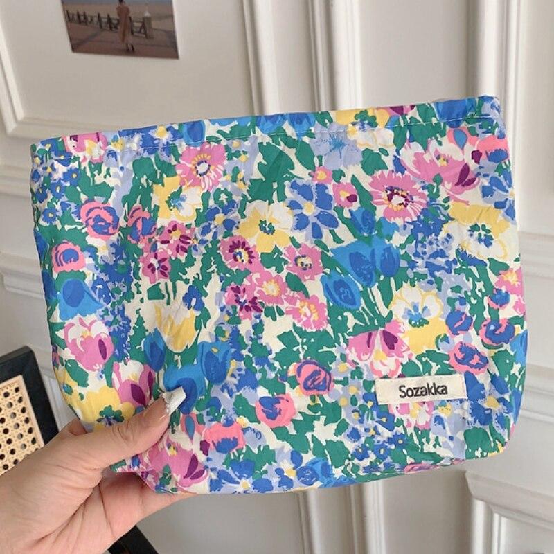 Simple Fresh Floral Cotton Storage Bag Portable Clutch Makeup Bag Cosmetic Bag Travel Skincare Toiletries Organizer Toilet Bag