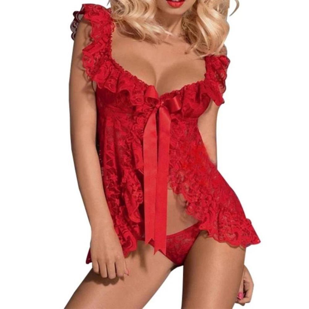 Sexy Clothes for Women Lingerie Lace See Through Nightdress Babydoll Porno Deep V Mesh Dress Panties Underwear Erotic Clothing