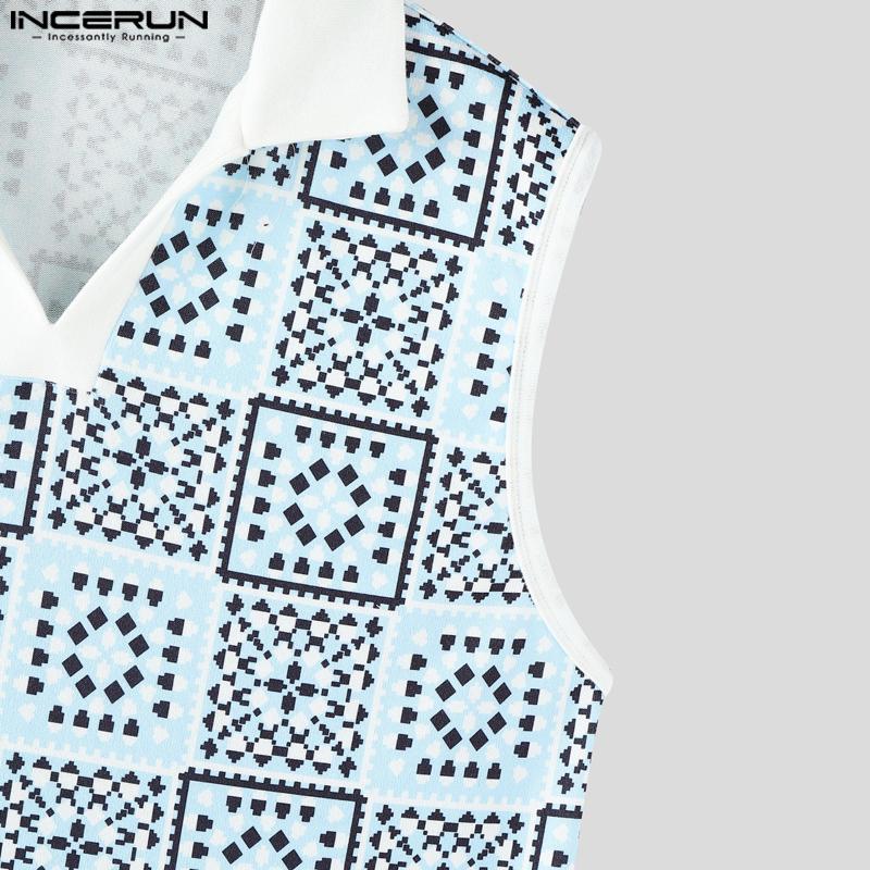 INCERUN Men Lapel Sleeveless Plaid Print Casual Thin Loose Tank Tops