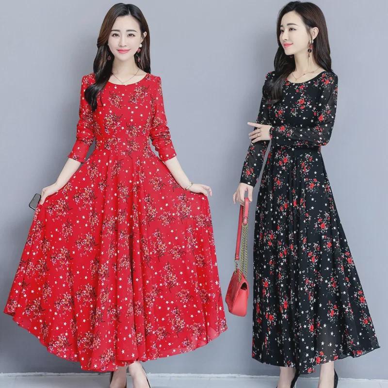 Korean Style Long-Sleeve Knee-Length Spring Dress, Round Neck Beach Dress for Autumn and Winter