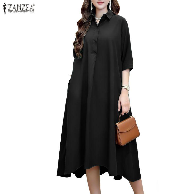 ZANZEA Women Casual Turn Down Collar 3/4 Sleeve Loose Dress