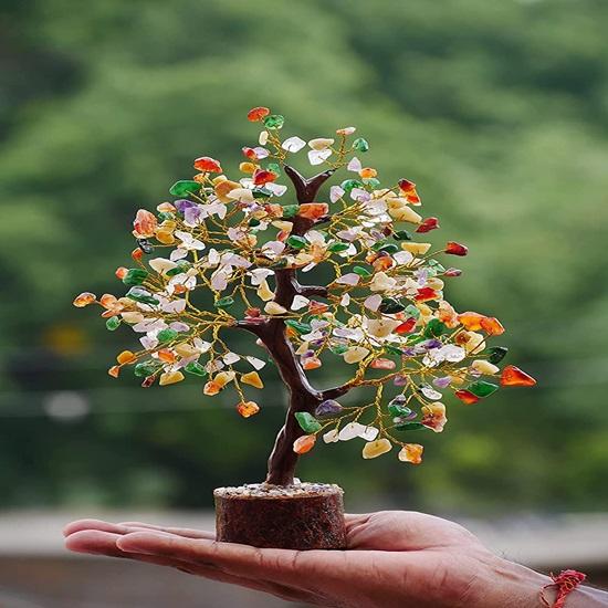 Kristallbaum mit sieben Chakren, Kristallschaustücke für positive Energie, Gegenstände zur Heimdekoration, Geschenkartikel, Bonsai-Geldbaum, goldener Draht