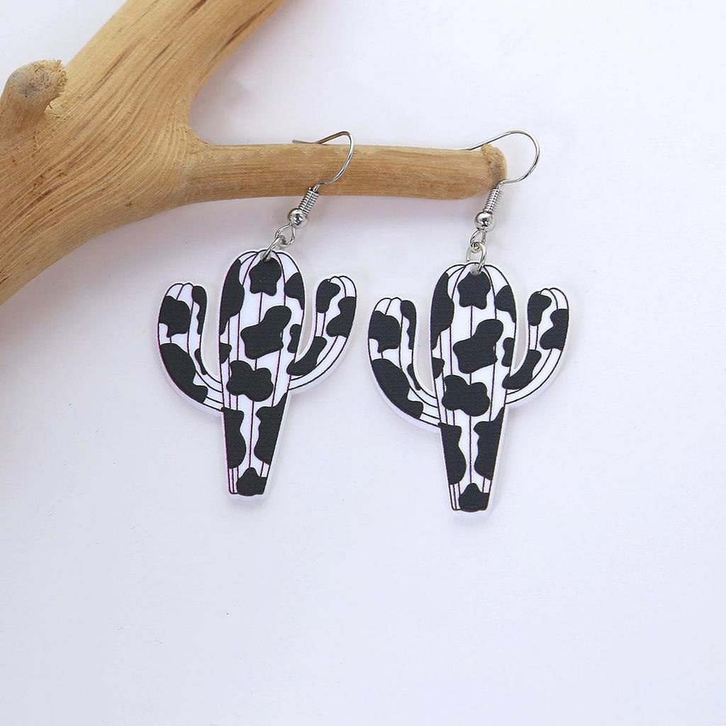 Plaid & Cow Print Acrylic Cactus Earrings for Women