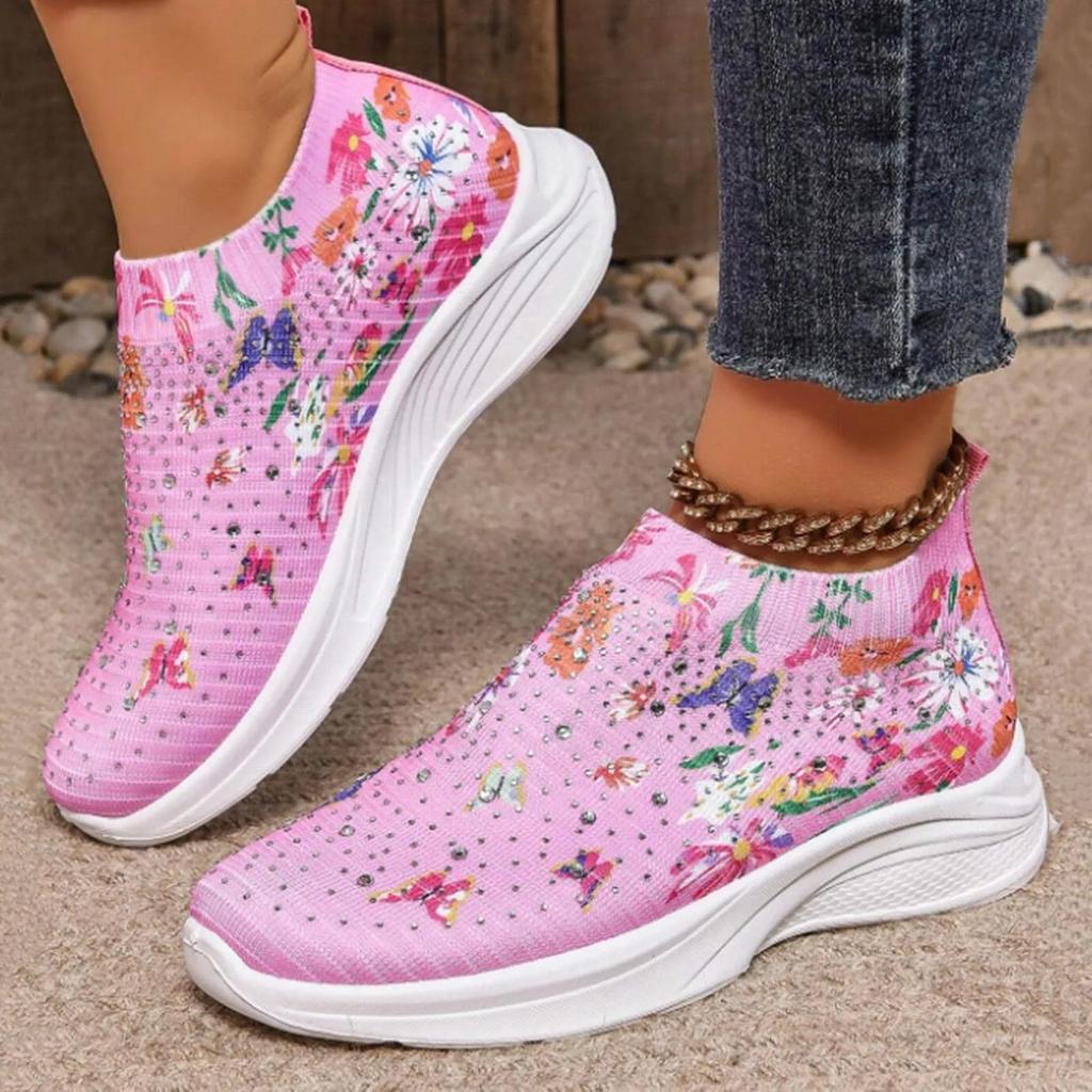 Fashion Crystal Floral Women's Knitted Sneakers Summer New Breathable Air Mesh Casual Shoes Woman Light Weight Walking Sports Flats