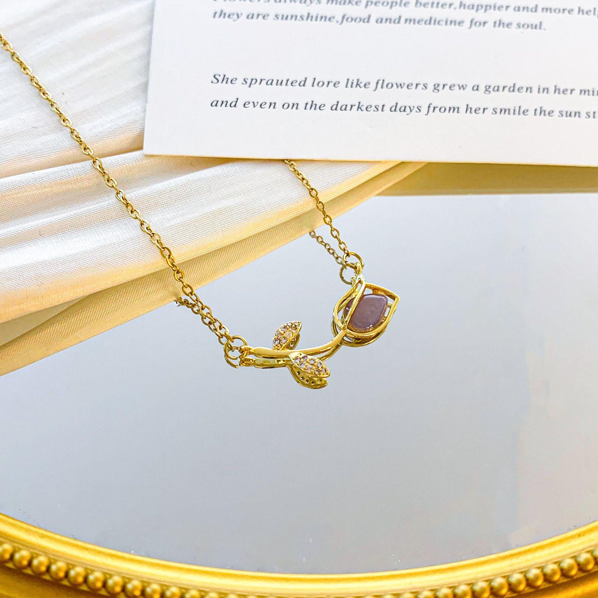 

Dreamy Moonstone Zircon Tulip Flower Choker Necklace for Women Girls Cute Sweet Stainless Steel Chain Accessories Gift for Lover