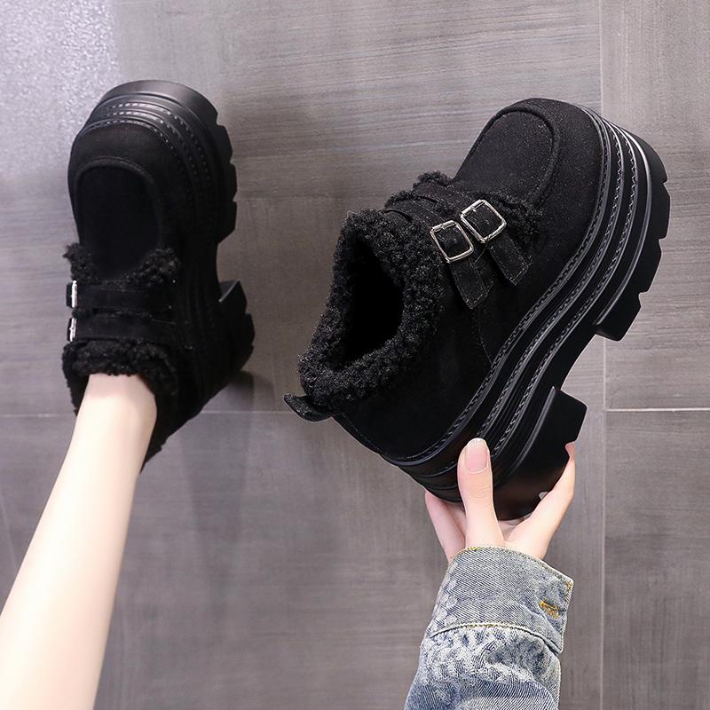 10CM Suede Cow Genuine Leather Platform Wedge Winter Plush Autumn Boots Spring Women Ankle Booties Shoes Chimney