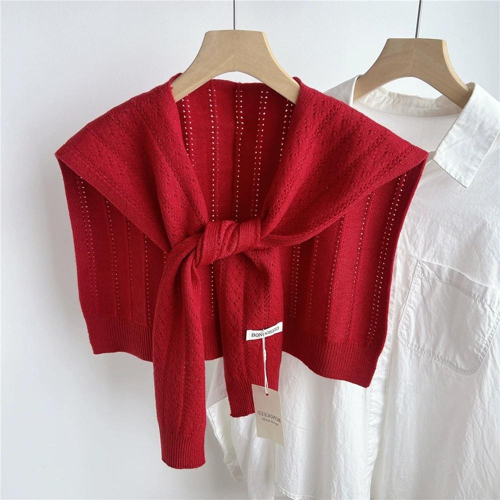 Korean Plain Basic Hollow Out Knitted Warm Shawl Winter Female Blouse Shoulders Fake Collar Cape Knotted Scarf Stripe Outerwear