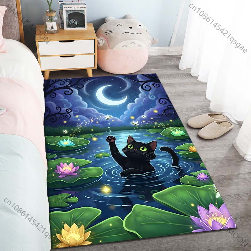 New product Black Cat Night Pond Carpet for Living Room Bedroom Bedside Floor Mat Cloakroom Children Playing Mat Area Rug