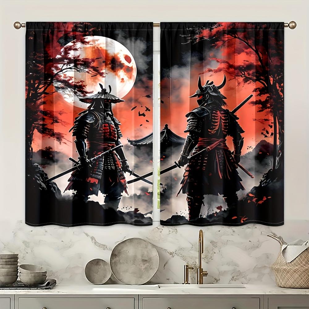 2pc Black Samurai Moon Curtains – Red & Black Anime Style   Rod Pocket   Light-Filtering for Living Room   Bedroom & Kitchen