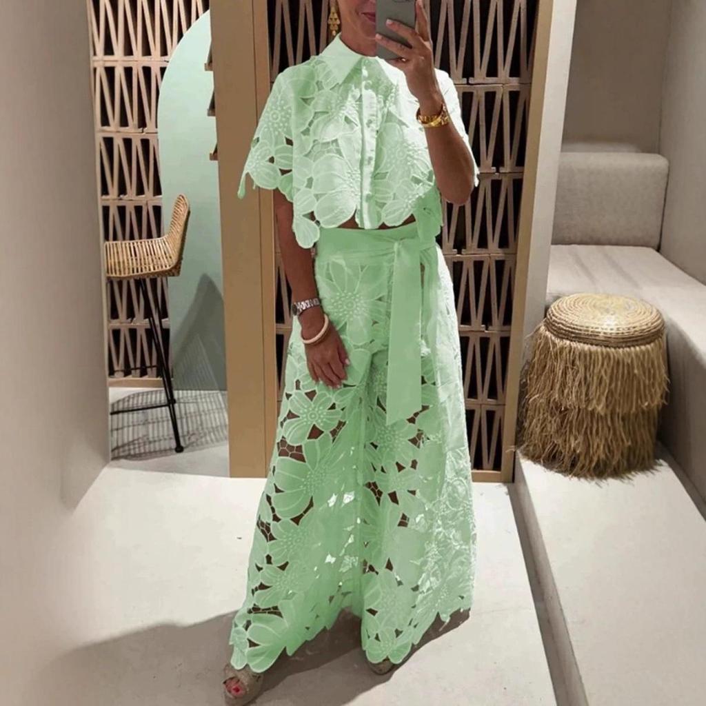 2025 Léto Elegantní Krajkové Dírkované Tričko a Dlouhé Kalhoty Set