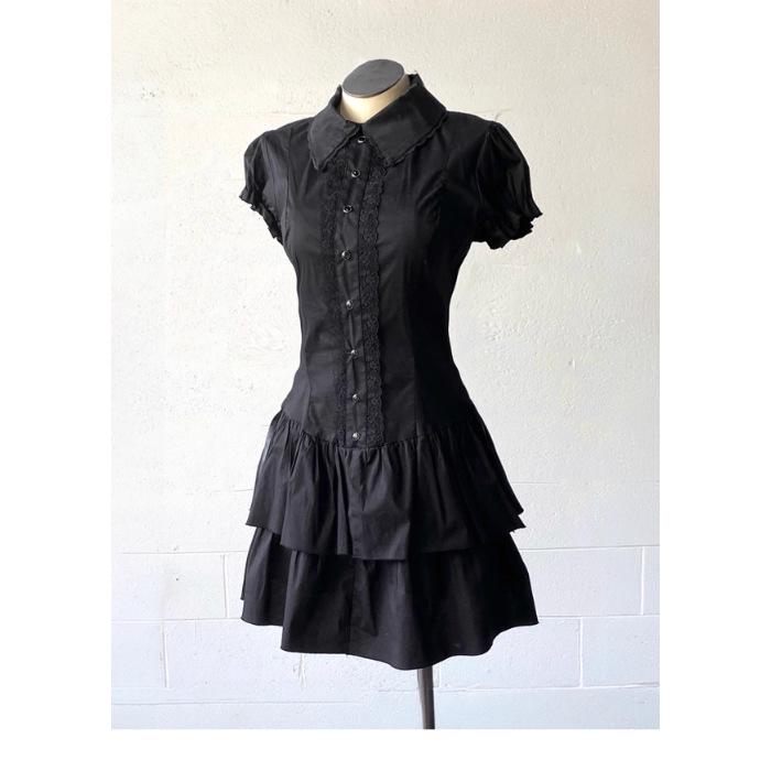 

Women s College Style Lapel Shirt Dress with Puff Sleeves and Waist-Cinching Bow Small