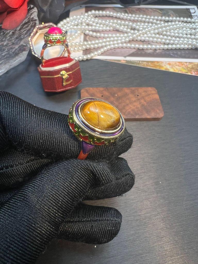 Elegant Chinese Cloisonné Chalcedony Tiger Eye Ring with Retro Court Style Design