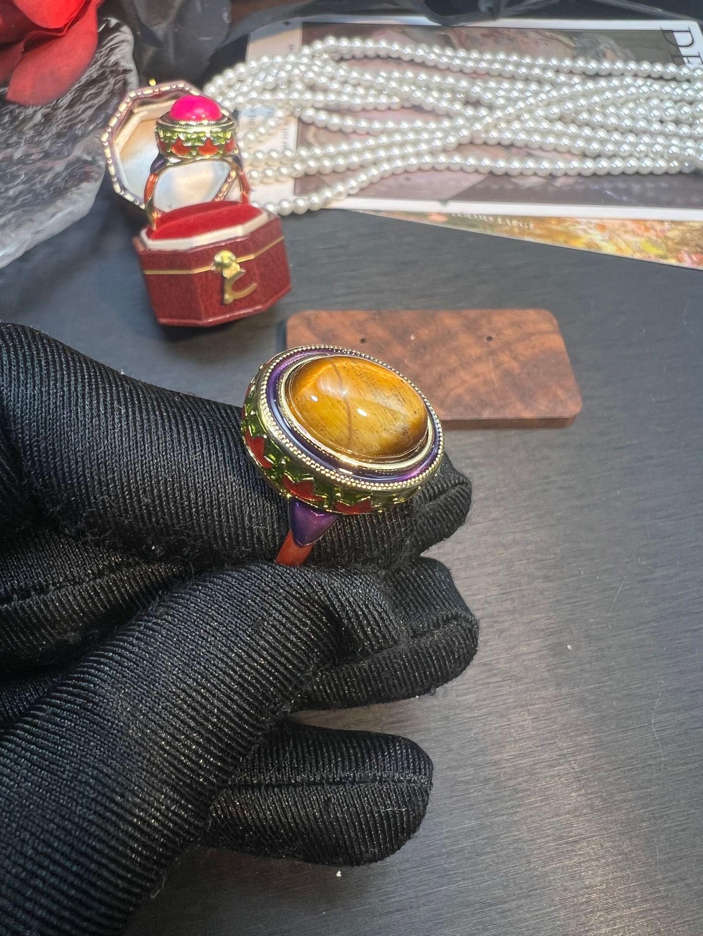 

Elegant Chinese Cloisonné Chalcedony Tiger Eye Ring with Retro Court Style Design