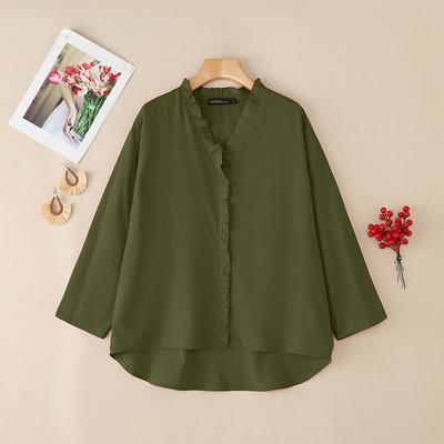 Women Casual V-Neck Solid Color Loose Long Sleeve Cotton Blouse