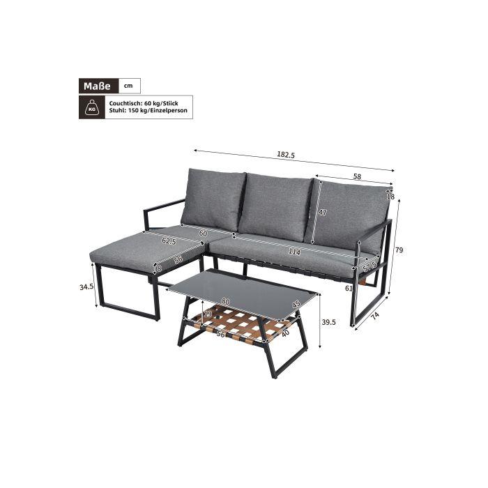 Ensemble de meubles de jardin, chaise longue d'angle, canapé + table basse + pouf, tube d'acier galvanisé, gris