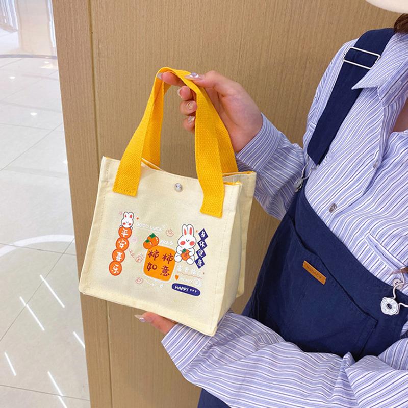 Cute Canvas Handbag Cartoon Small Bucket Bag Clutch Purse Bento Bag Office Worker Handbag Women Girls