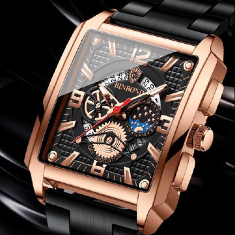 BINBOND Ceasuri de mână de lux originale din oțel inoxidabil, rezistente la apă, cu cuarț, pătrate, unice, pentru bărbați, ceasuri aurii pentru bărbați