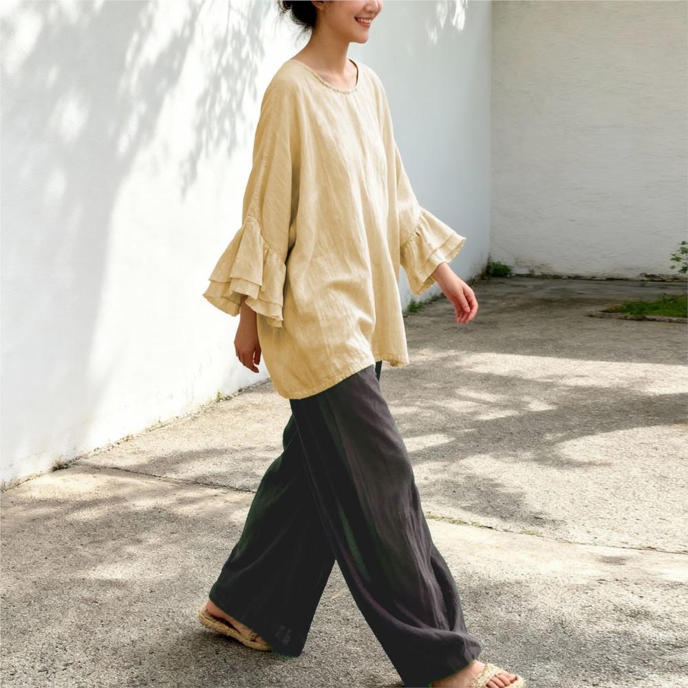 Johnature Women Vintage T-Shirts Spring Chinese Style Solid Color Butterfly Sleeve T-Shirts