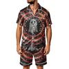 Herren Halloween Pyjama Set - Gestreiftes Karomuster aus Satin, Kurzarmhemd und Shorts mit Taschen, Lockeres Zweiteiler Set für Zuhause und Tägliche Kleidung