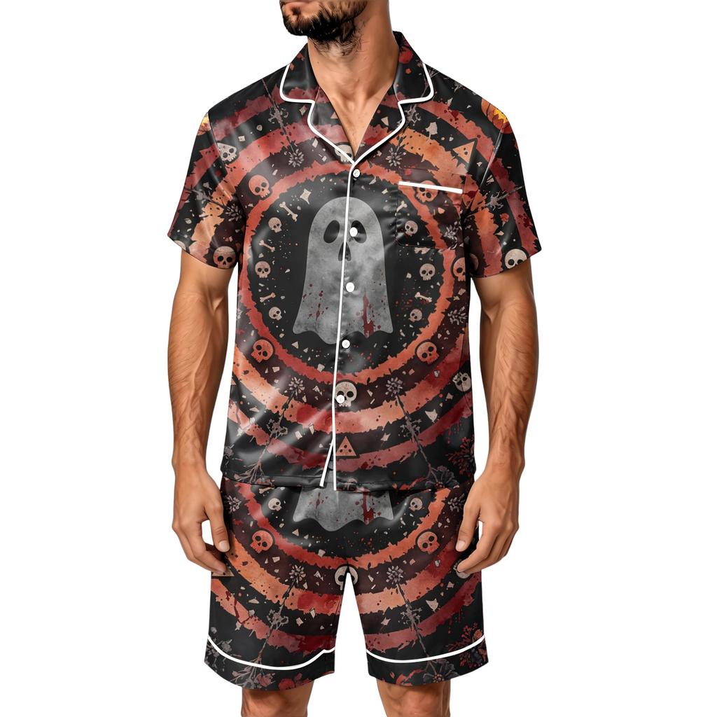 Herren Halloween Pyjama Set - Gestreiftes Karomuster aus Satin, Kurzarmhemd und Shorts mit Taschen, Lockeres Zweiteiler Set für Zuhause und Tägliche Kleidung