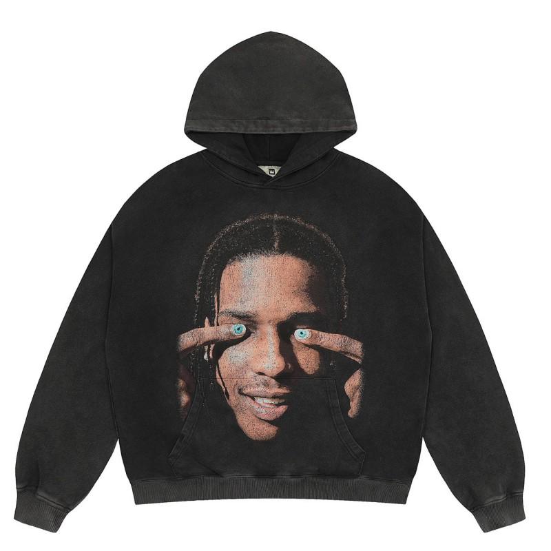 Mens Vintage Washed Hoodie With Distressed Graphic Print Loose Fit Cotton Pullover Fall Casual Wear