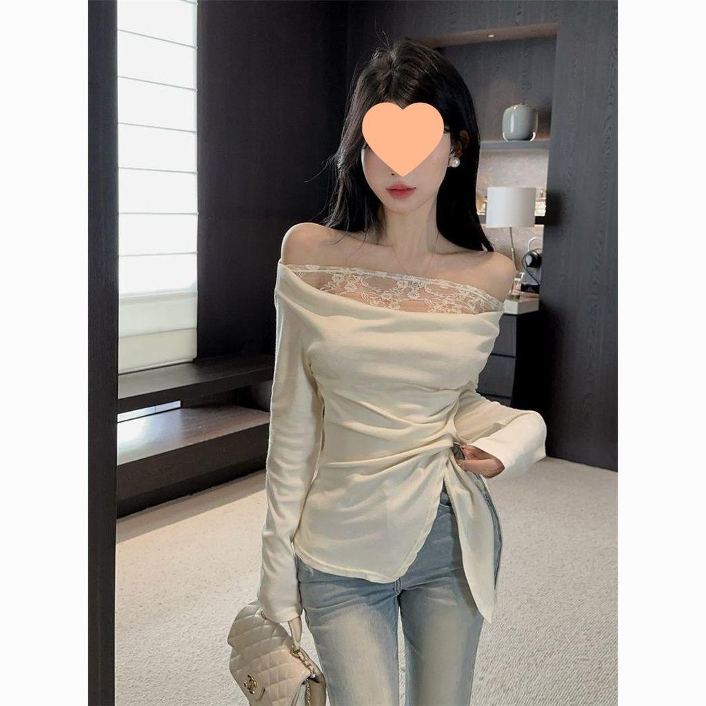 Women's Patchwork Lace One-Shoulder Top - Slim Fit, Early Autumn Long Sleeve Base Layer