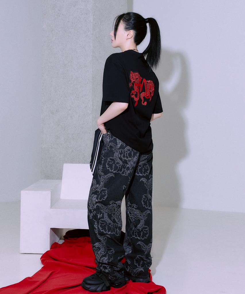 Tiemsseuli Ghost Red Dragon Embroidered Dragon Pattern Oversized T-Shirt (Back Embroidery/Unisex)