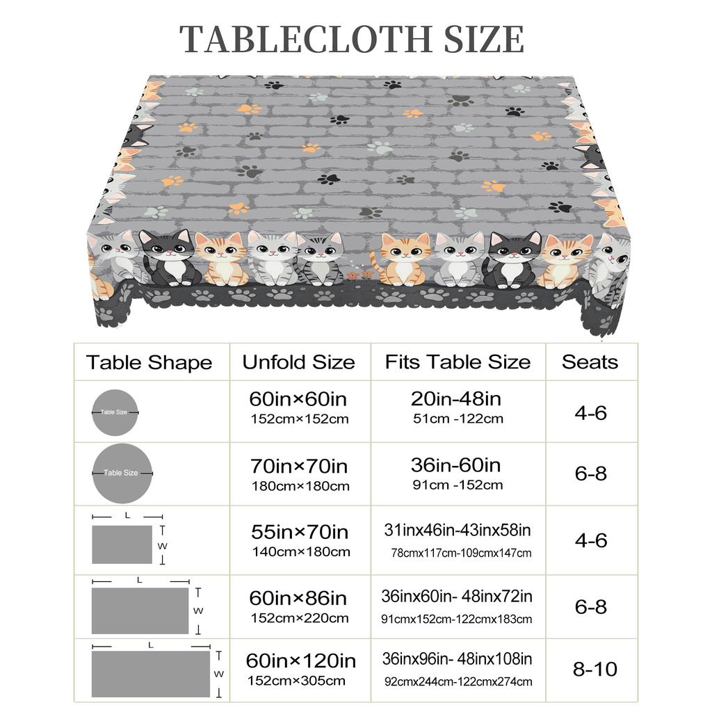 1 Piece Of Gray Retro Cute Cat Print Rectangular Tablecloth, Spring Cat, Cat Paw, Stone Pattern Round Tablecloth, Party Decoration, Home Kitchen Table