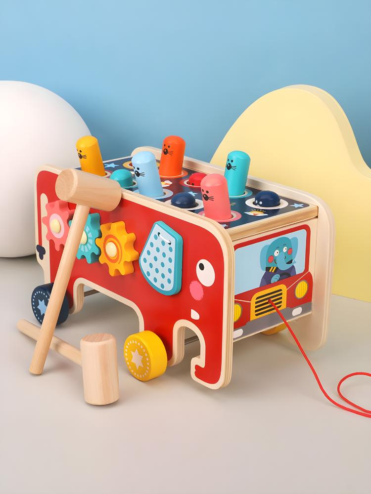 Wooden Educational Cube, Elephant, Hammer, Dexterity Toy, Montessori