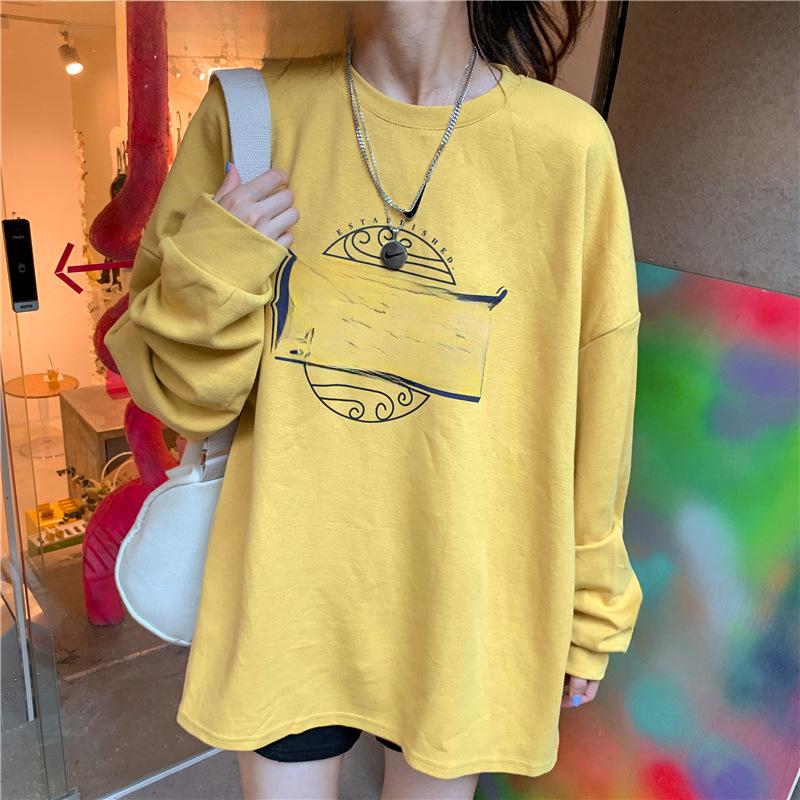 Damen Baumwoll-Sweatshirt mit lockerem Schnitt, mittellangem Schnitt und Rundhalsausschnitt - Langärmeliges Herbst-/Winter-Oberteil