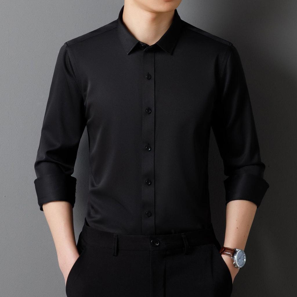 Men's Slim Fit Non-Iron Long Sleeve Shirt – Four-Way Stretch, No Pocket, Spring/Autumn Style