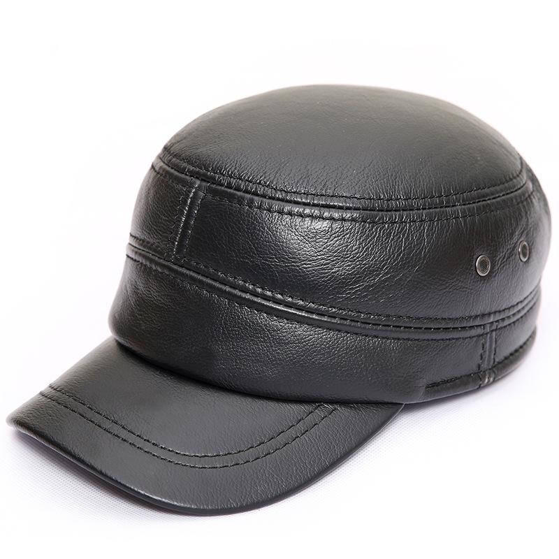 

Genuine Cow Leather Military Hats For Men Fall Winter Men s Cowskin Hat With Ear flap Real Cowhide Flat Top Baseball Caps Adjustable 55-60cm