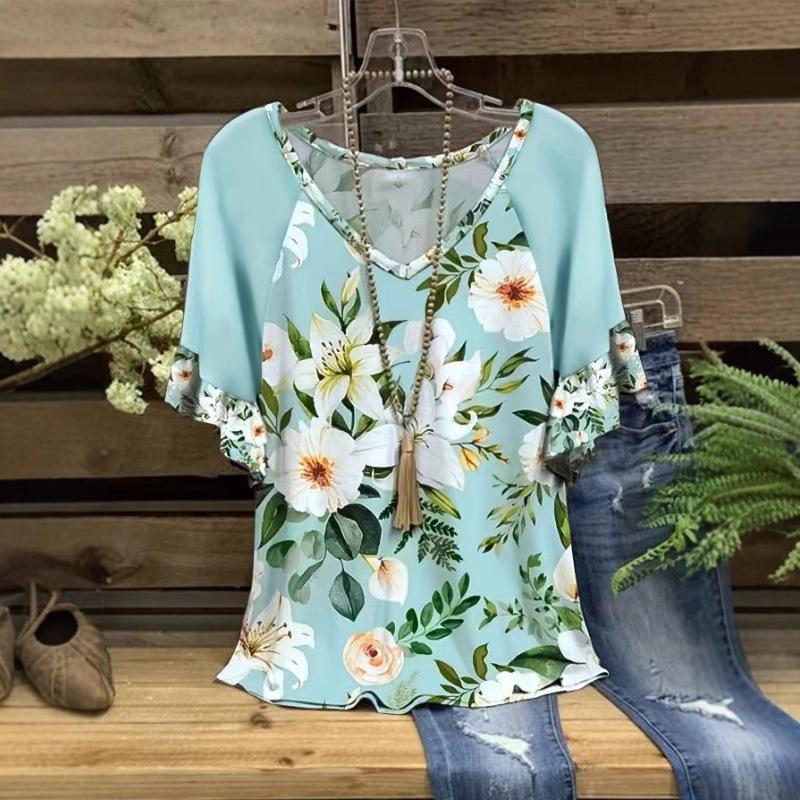 Summer Floral Print Casual Tops - Round Neck European American Style 4XL небесно-голубой