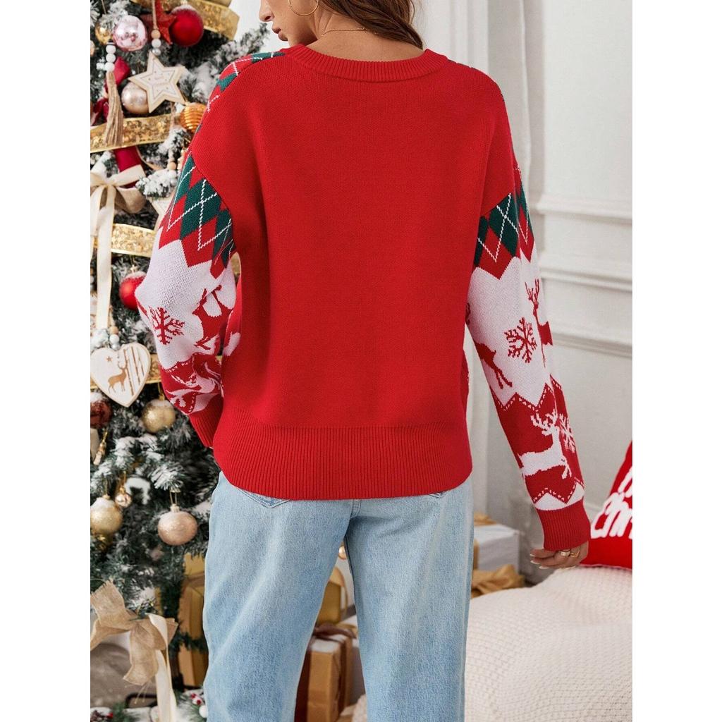 Autumn Winter New Christmas Jacquard Round Neck Long Sleeve Pullover Sweater Casual Loose Knit Top For Women Europe America