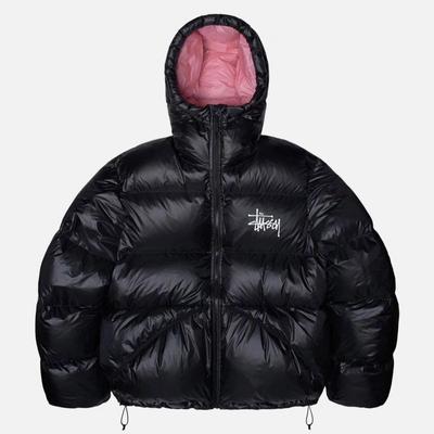 Geborduurde Pufferjas met Capuchon Zwart Roze Kleurblok Warm Dik Katoenen Jas Heren Dames