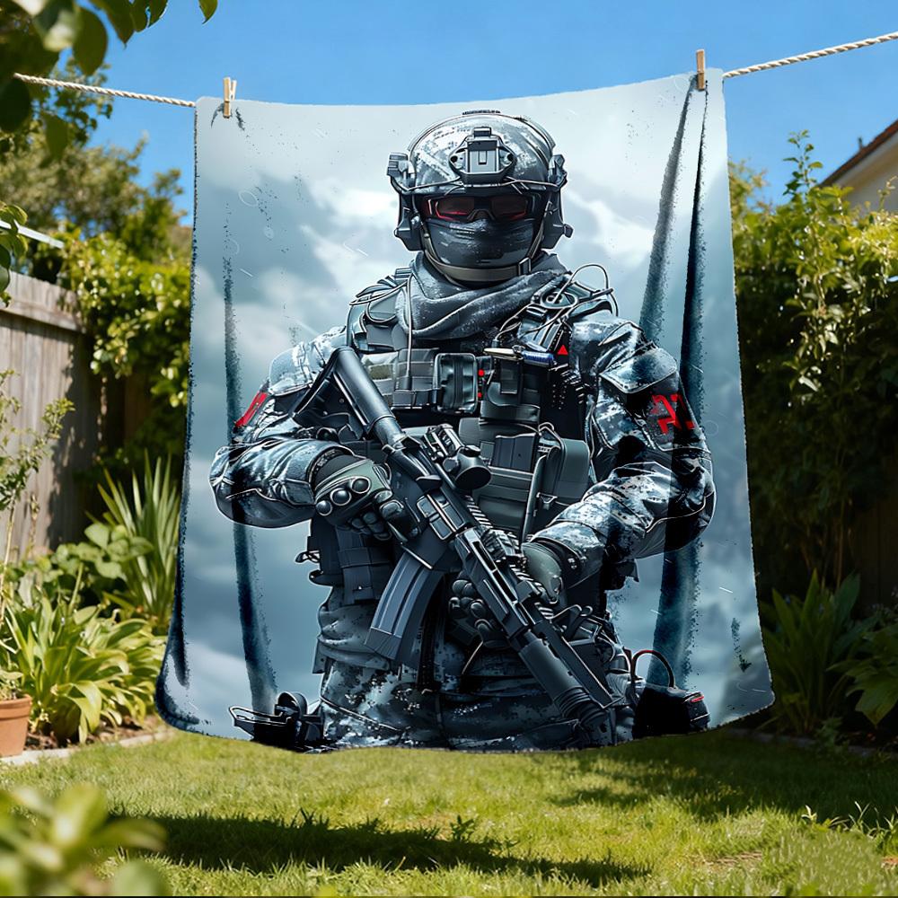 1pc Soldier Print Outdoor Blanket - Soft Flannel Cozy for Travel & Camping - All-Season Warm Bed Cover, Machine Washable yy251229094