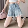 Women's High-Waisted A-line Denim Shorts with Lace Trim