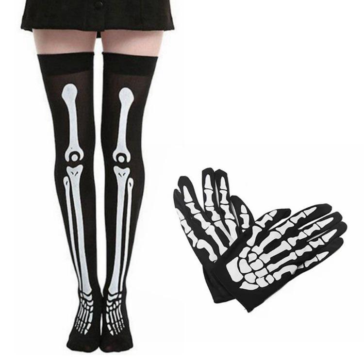 

Skeleton Halloween Socks & Gloves Set: Skull & Bloody Gloves with Black & White Blood Socks One Size