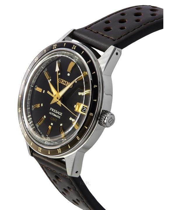 Seiko Presage Style60's GMT Herrenuhr mit Kalbslederarmband und schwarzem Zifferblatt, Automatik SSK013J1