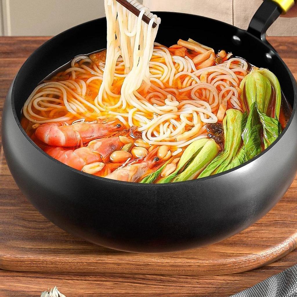 Gusseisenpfanne Holzdeckel, Bratpfanne Kochgeschirr für Induktionsherd, Wok zum Pfannenrühren Chinesischer Wok für Küche Hotel Zuhause Camping