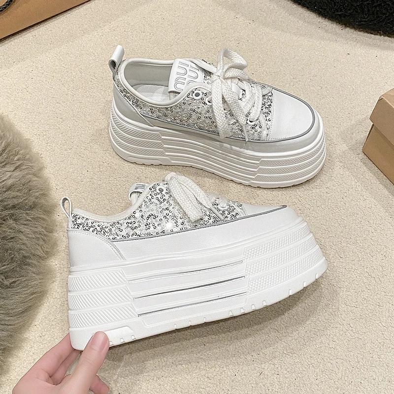 Fashion Bling Leather Flats Casual Dad Shoes Chunky Sneakers Women Platform Sports Shoes Ladies Skateboard Hidden Heels Shoes Tennis
