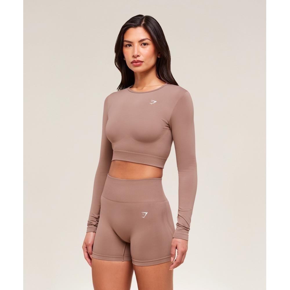 Gymshark Top Crop cu Mâneci Lungi Fără Cusături de Zi cu Zi Roz Castaniu B7a2s Kcpn