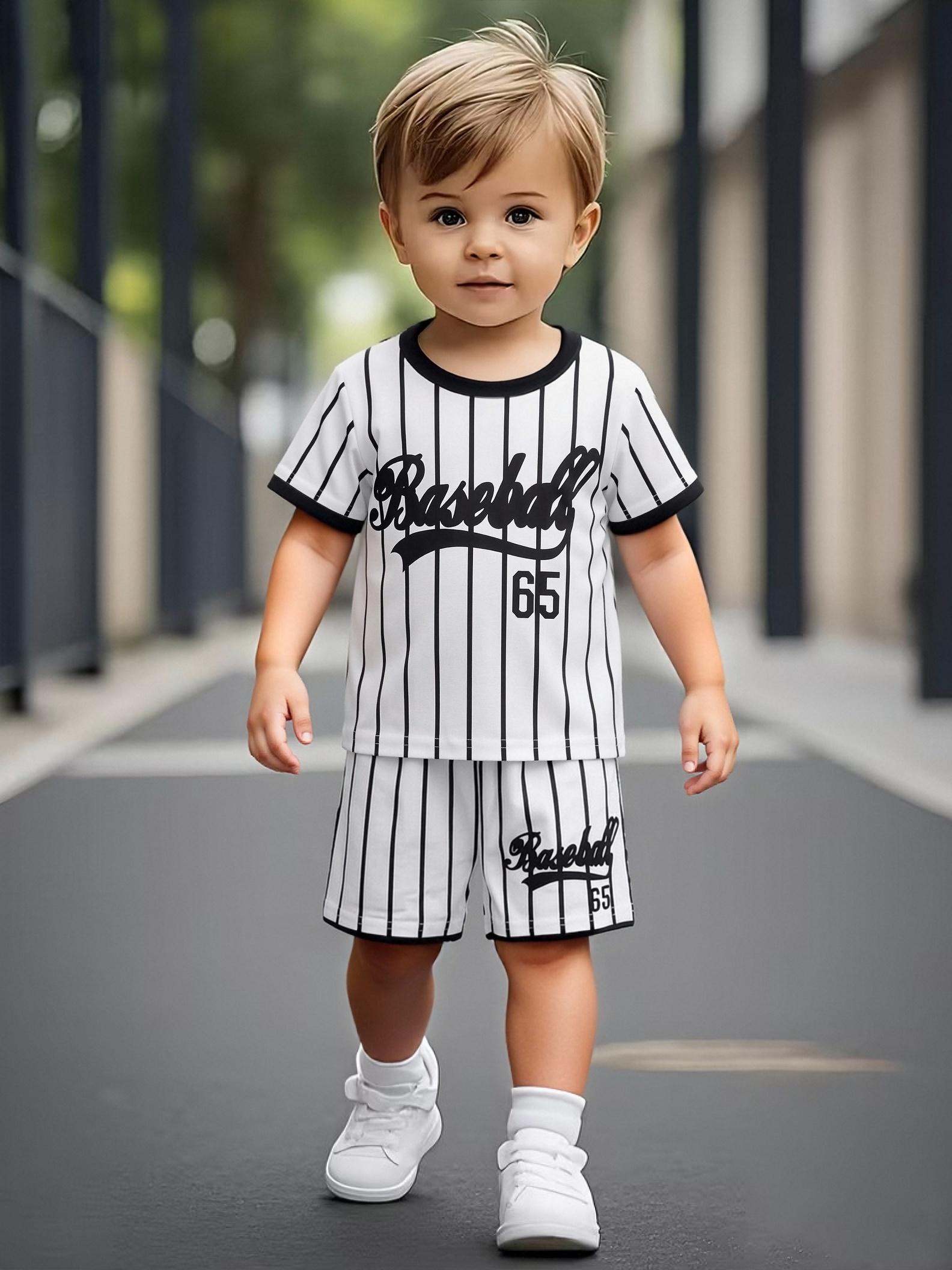

Toddler Boys Cool Baseball 65 Print 2-Piece Outfit, Summer Striped Casual Clothes for Kids, Perfect for Playwear & Outdoor 5-6Y
