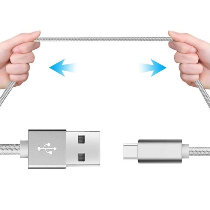 Câble USB Type C - Non spécifié - 1M - Nylon Argenté - Compatible avec plusieurs smartphones